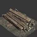 Aged And Weathered Train Track Sleepers Lying On Gravel Ground With Stones