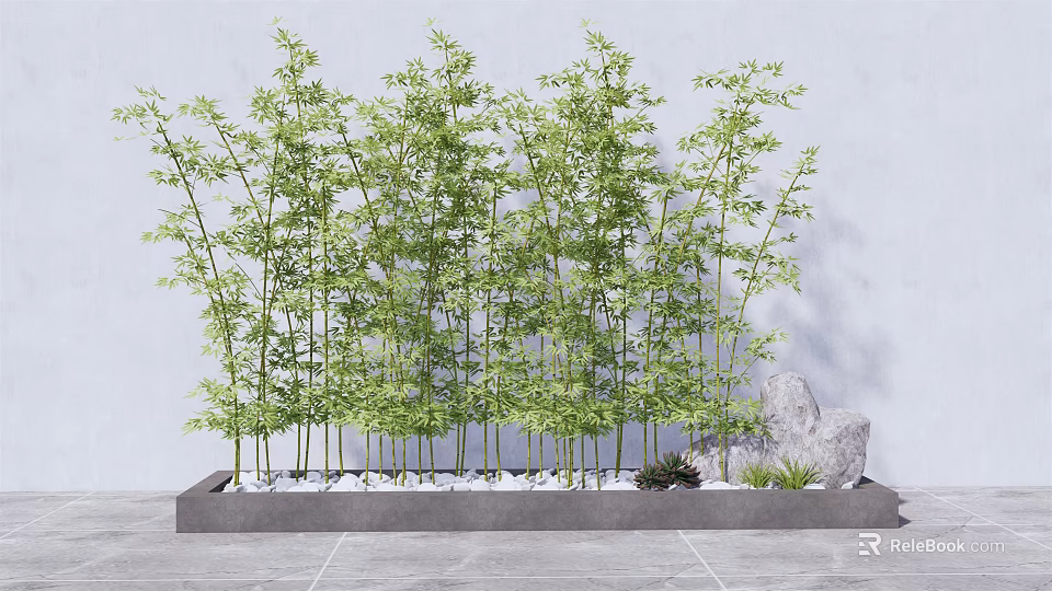 Tall Green Bamboo Plants In Gray Planter Bed With White Pebbles Rock And Small Plants 3d model 