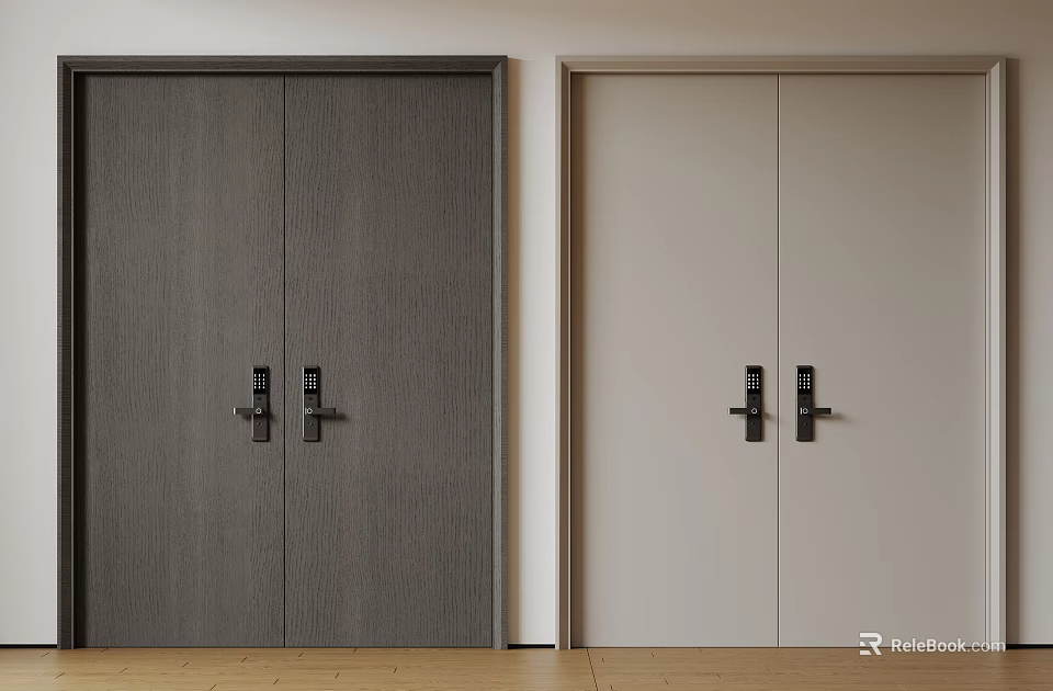 Modern Wooden Double Doors Dark Gray And Light Beige With Minimalist Design And Black Handles 3d model 