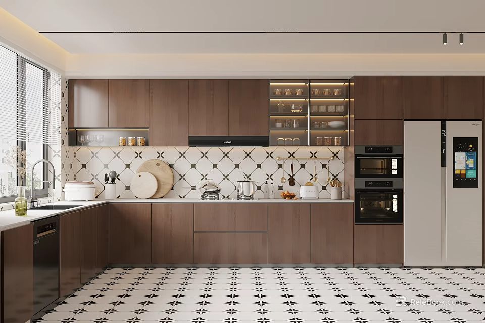 Modern Kitchen Interior Design With Brown Cabinets Black And White Patterned Tiles Countertop And Appliances 3d model 