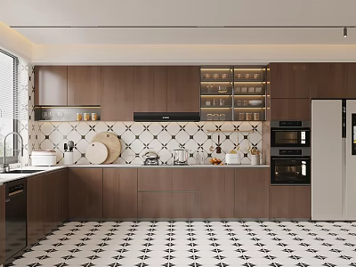 Modern Kitchen Interior Design With Brown Cabinets Black And White Patterned Tiles Countertop And Appliances 3d model