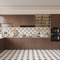 Modern Kitchen Interior Design With Brown Cabinets Black And White Patterned Tiles Countertop And Appliances