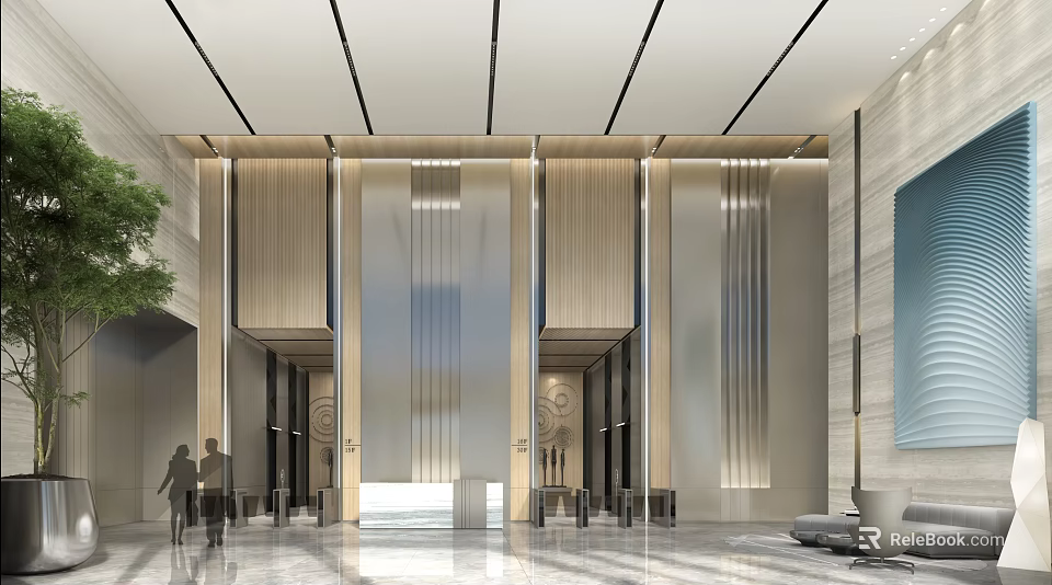 Modern Luxury Hotel Lobby Interior With Wooden Panels Marble Floor And Lighting 3d model 