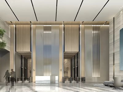 Modern Luxury Hotel Lobby Interior With Wooden Panels Marble Floor And Lighting 3d model