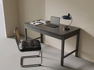 Modern Black Desk With Laptop Table Lamp And Stylish Chair Interior 3d model