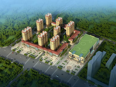 High Rise Residential Buildings Complex With Green Surroundings And Basketball Court 3d model