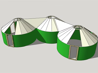 Three Green and White Dome Shaped Connected Tents With Doorways Design Structure 3d model