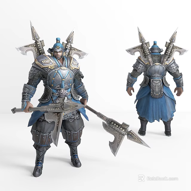 Game Movie Character Ancient Warrior With Blue Silver Armor And Weapon 3d model