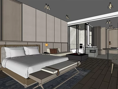 Modern Hotel Guest Room Featuring Large Bed Sofa Floor to Ceiling Windows And Wooden Floors 3d model