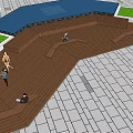 Urban Public Square Design With Green Lawns Trees Red Umbrellas Pedestrians And Water Feature