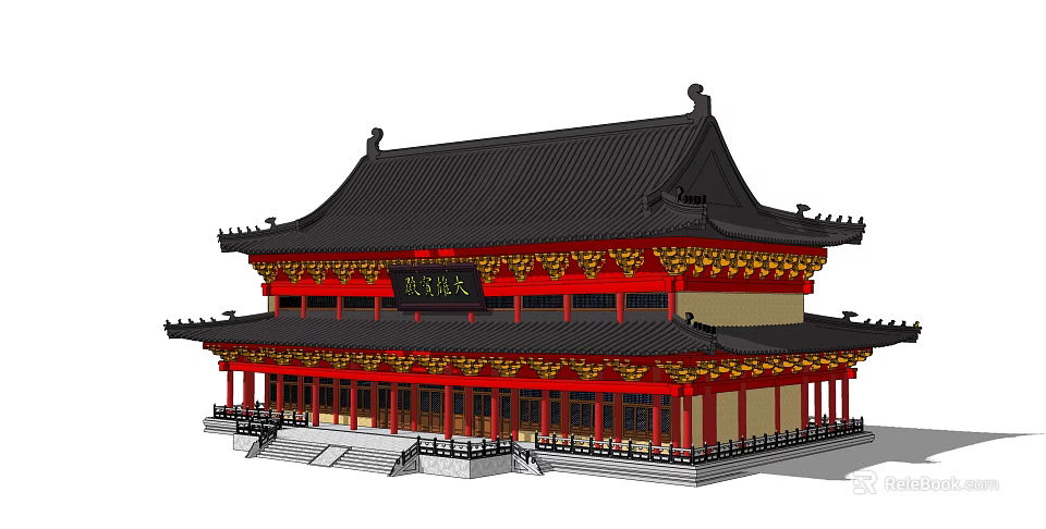 Ancient Chinese Architecture With Upturned Eaves Red Pillars And Black Tiled Roof 3d model 