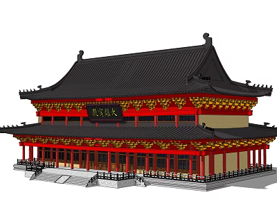 Ancient Chinese Architecture With Upturned Eaves Red Pillars And Black Tiled Roof 3d model