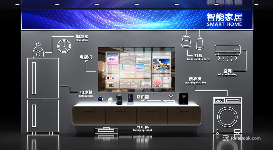 Smart Home Showroom With Display Screens Featuring Intelligent Appliances Refrigerator TV Washing Machine And Lights 3d model 