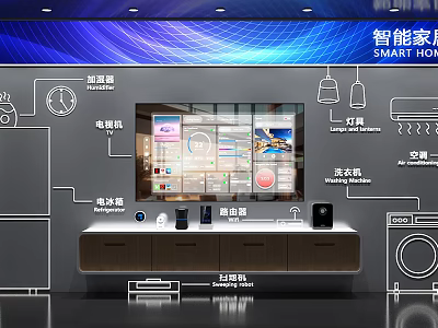 Smart Home Showroom With Display Screens Featuring Intelligent Appliances Refrigerator TV Washing Machine And Lights 3d model