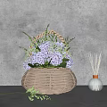 Wicker Basket Vase With Purple Hydrangea Flowers And Aromatic Diffuser On Gray Concrete Background