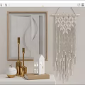 Ornamental Decorative Set With Geometric Wall Art Macramé Hanging And Gold Candle Holders