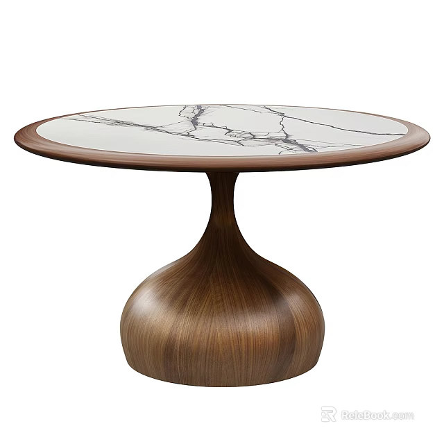 Modern Round Dining Table With White Marble Top And Wooden Base Design 3d model