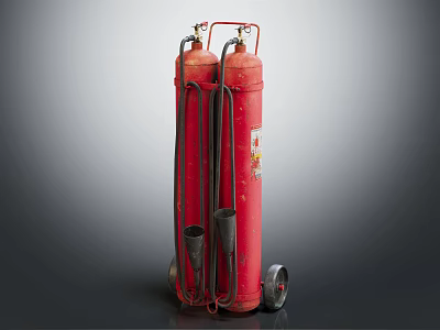 Red Wheeled Fire Extinguishers With Hoses And Handles For Fire Safety 3d model