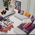 Modern Colorful Sofa and Coffee Table Set With Vibrant Pillows Green Plants and Patterned Rug
