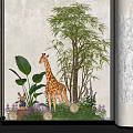 Indoor Courtyard Garden with Giraffe Model Green Plants Purple Flowers Pebbles and Lights