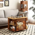Wooden Side Table with Wheels and Glass Door Storage Shelves for Living Room