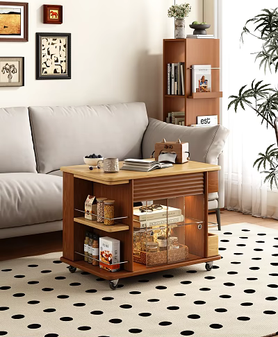 Wooden Side Table with Wheels and Glass Door Storage Shelves for Living Room 3d model