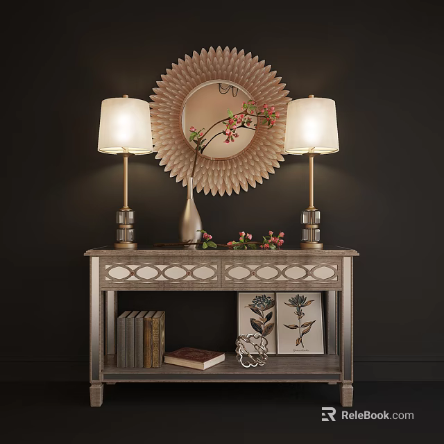 Elegant Entryway Console Table With Round Mirror Table Lamps Floral Vase And Decor Items 3d model