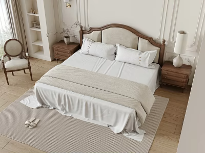 Cozy Double Bed With Wooden Headboard White Bedding Nightstands Lamps Chair And Wooden Floor 3d model