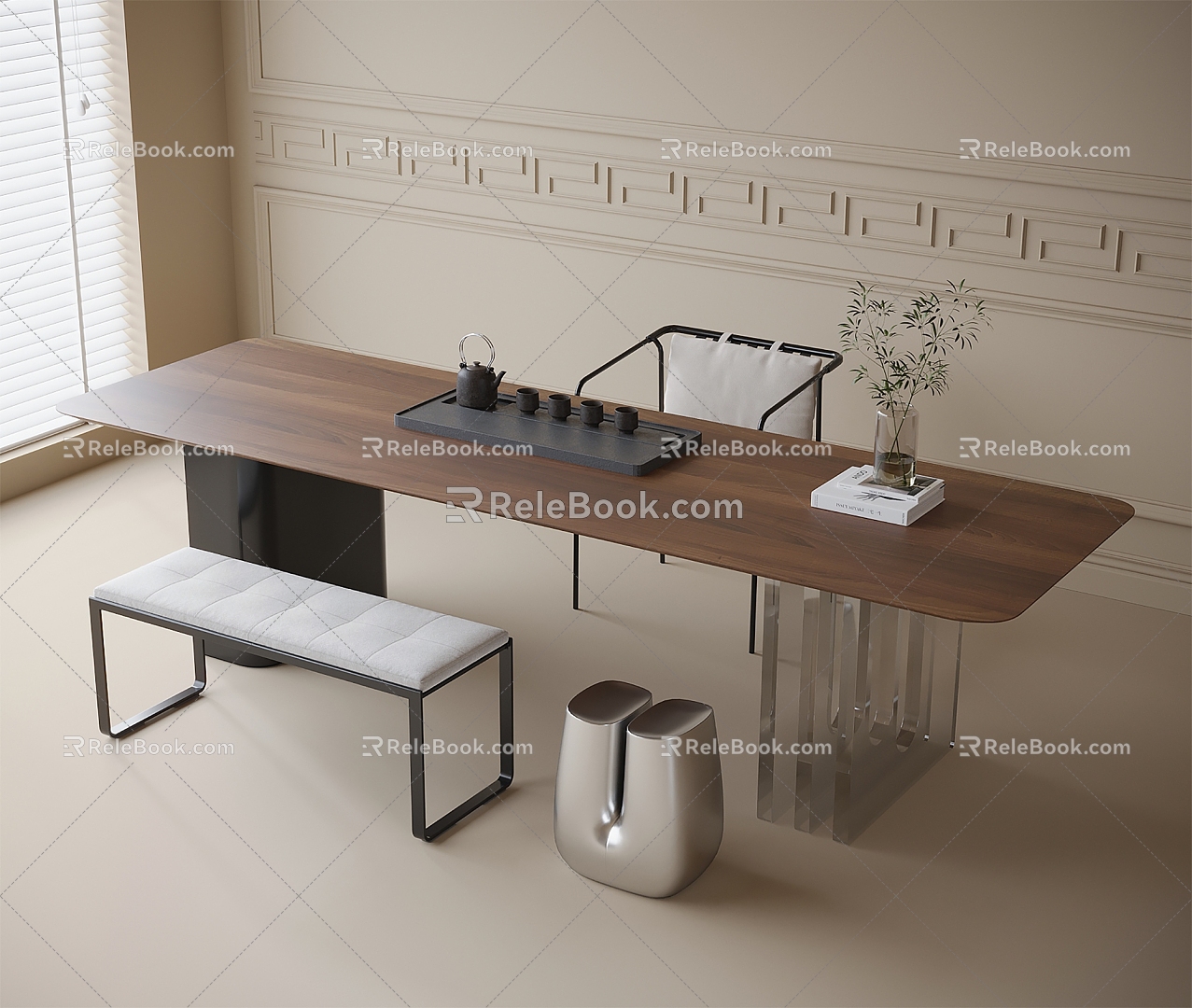 Modern Tea Table and Chair Stool Tea Set Bench 3d model