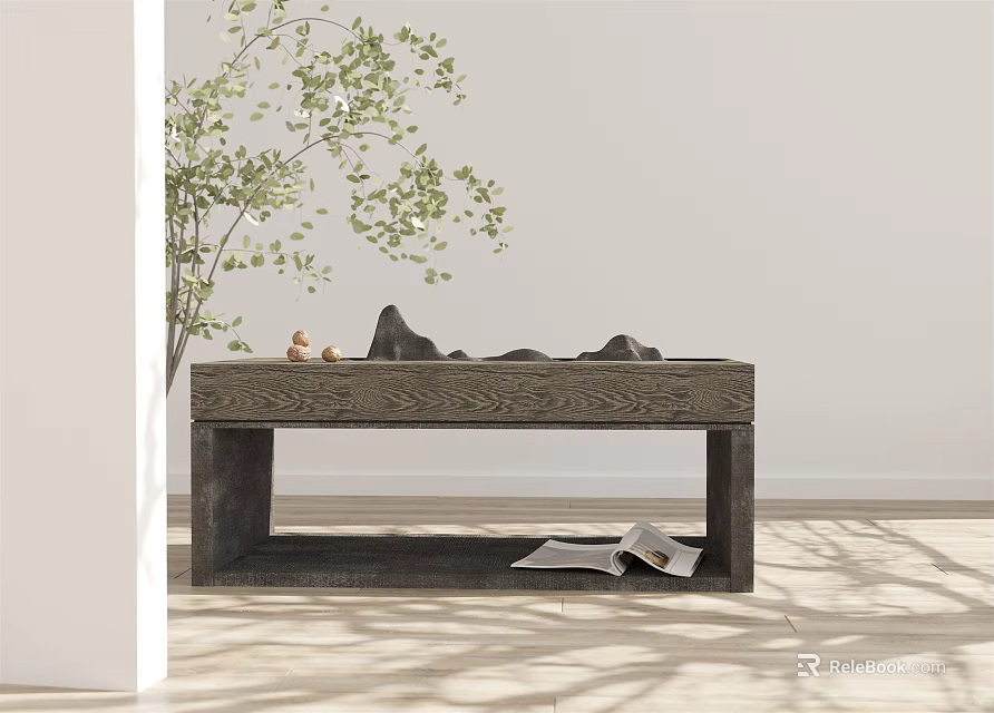 Rustic Wooden Coffee Table With Stone Decorations Green Plant And Sunlight On Light Floor 3d model 
