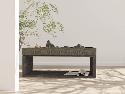 Rustic Wooden Coffee Table With Stone Decorations Green Plant And Sunlight On Light Floor 3d model