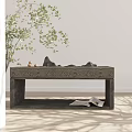 Rustic Wooden Coffee Table With Stone Decorations Green Plant And Sunlight On Light Floor