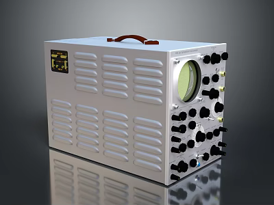 Silver Metal Electronic Device With Red Handle Yellow Label Circular Green Display And Black Knobs 3d model