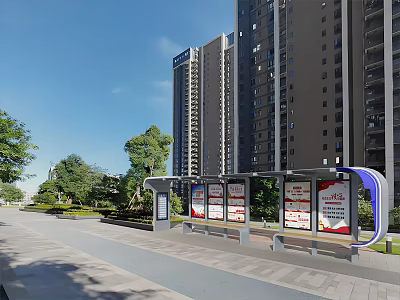 Modern Bus Stop with Billboards Near High Rise Buildings and Green Trees Under Blue Sky 3d model