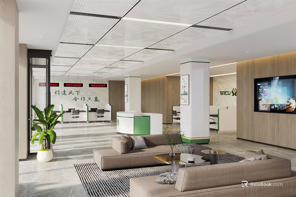 Modern Service Hall Interior Design With Sofa Plant Reception Desk And TV Screen 3d model 