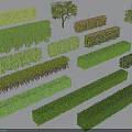 Various Pruned Garden Hedges in Different Shapes and Sizes with Small Trees