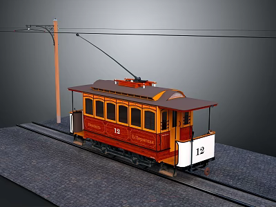 Vintage Red and Yellow Tram Number 12 from Brussels on Rail Tracks with Overhead Wires 3d model