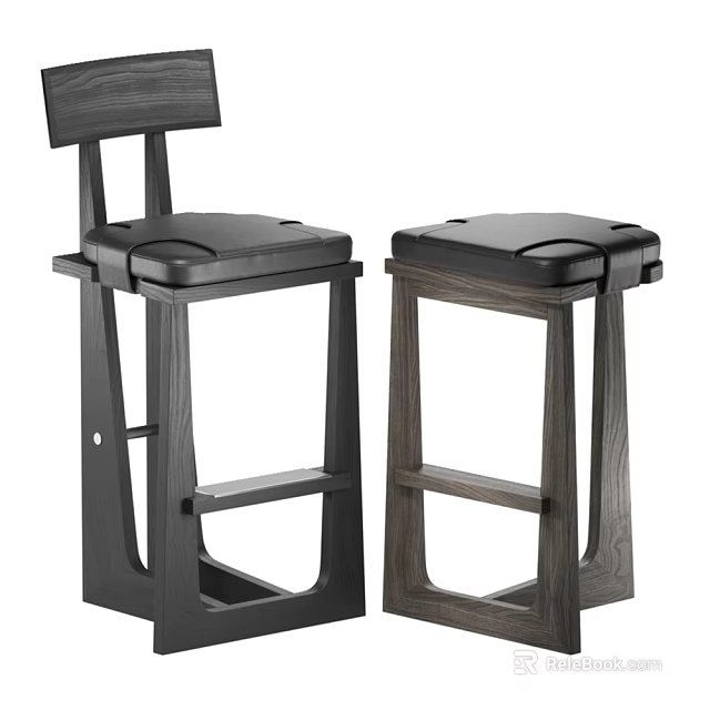 Modern Minimalist Bar Stool With Wooden Frame Black Seat And Backrest 3d model 