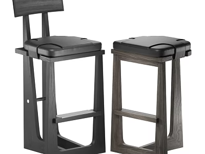 Modern Minimalist Bar Stool With Wooden Frame Black Seat And Backrest 3d model