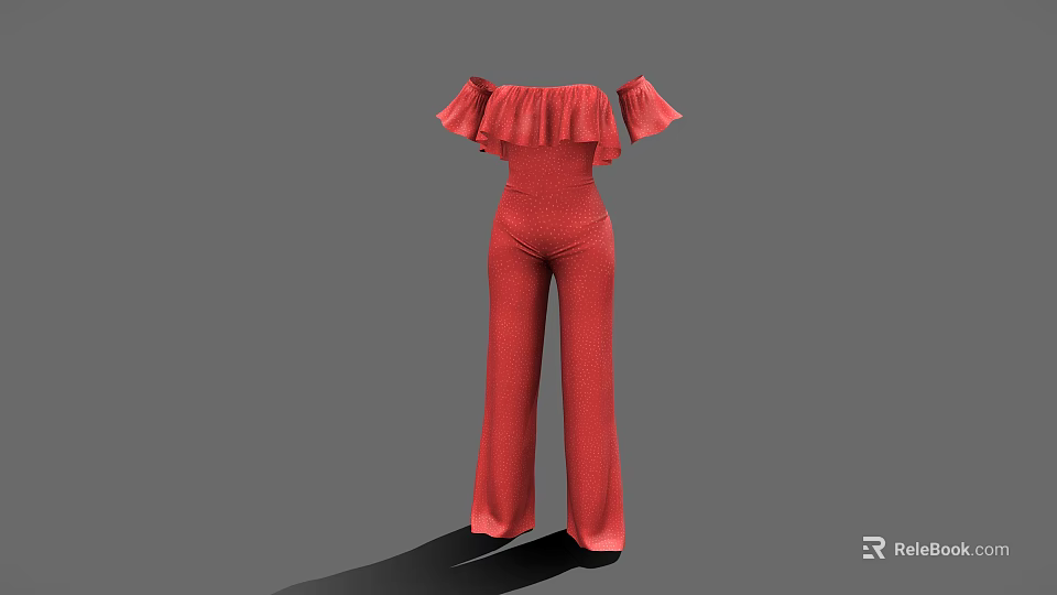 Red Off The Shoulder Ruffle Detail Wide Leg Polka Dot Jumpsuit Fashion 3d model 