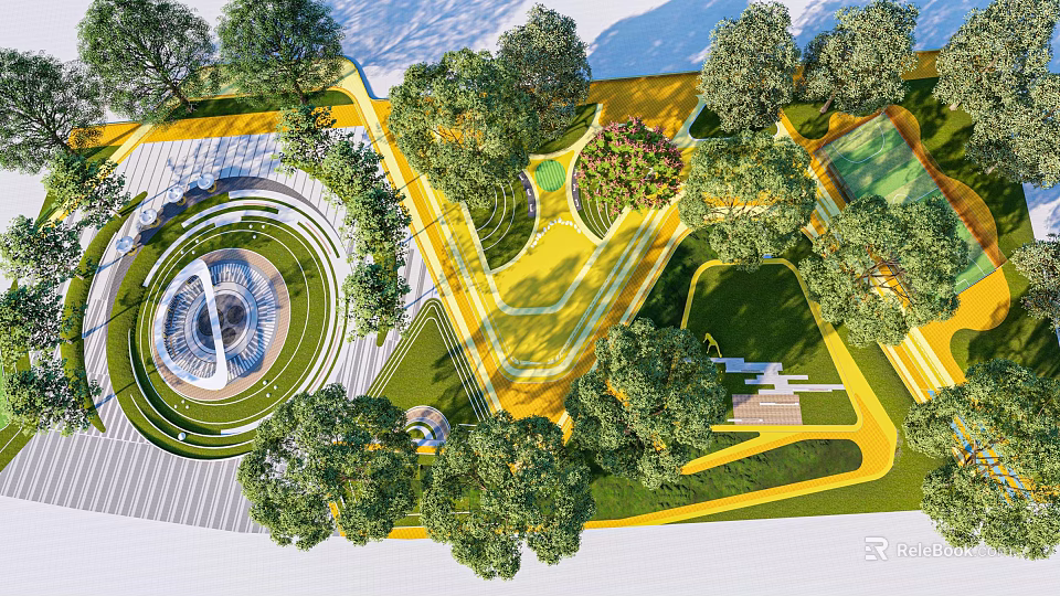 Scenic Park Landscape With Lush Trees Yellow Pathways Circular Fountain And Green Lawns 3d model 