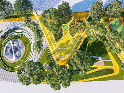 Scenic Park Landscape With Lush Trees Yellow Pathways Circular Fountain And Green Lawns 3d model