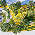 Scenic Park Landscape With Lush Trees Yellow Pathways Circular Fountain And Green Lawns