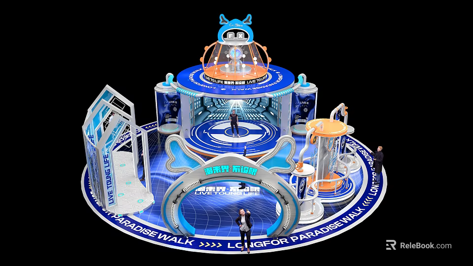 Futuristic Tech Exhibition Booth With Blue White Design Circular Structure Domed Top And People Around 3d model 