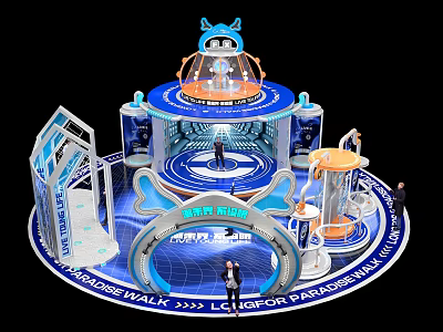 Futuristic Tech Exhibition Booth With Blue White Design Circular Structure Domed Top And People Around 3d model