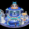 Futuristic Tech Exhibition Booth With Blue White Design Circular Structure Domed Top And People Around