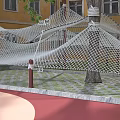 Kindergarten Outdoor Play Area With Net Climbing Structure Tree And Colorful Ground