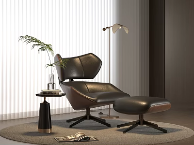 Modern Black Leather Leisure Chair With Ottoman Floor Lamp Side Table And Potted Plant 3d model