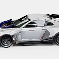 White And Red Custom Sports Car With Rear Wing Large Wheels And Engine Details