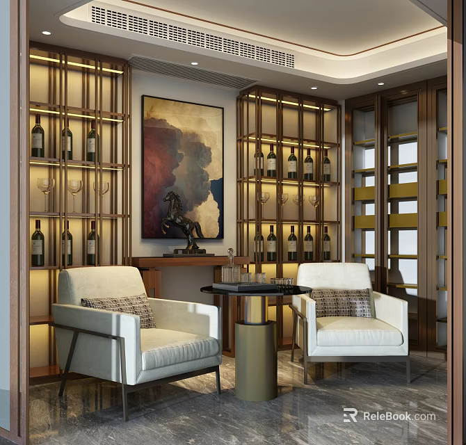 Elegant Bar Area Interior With Wine Racks Bottles White Armchairs Round Table And Art Painting 3d model 